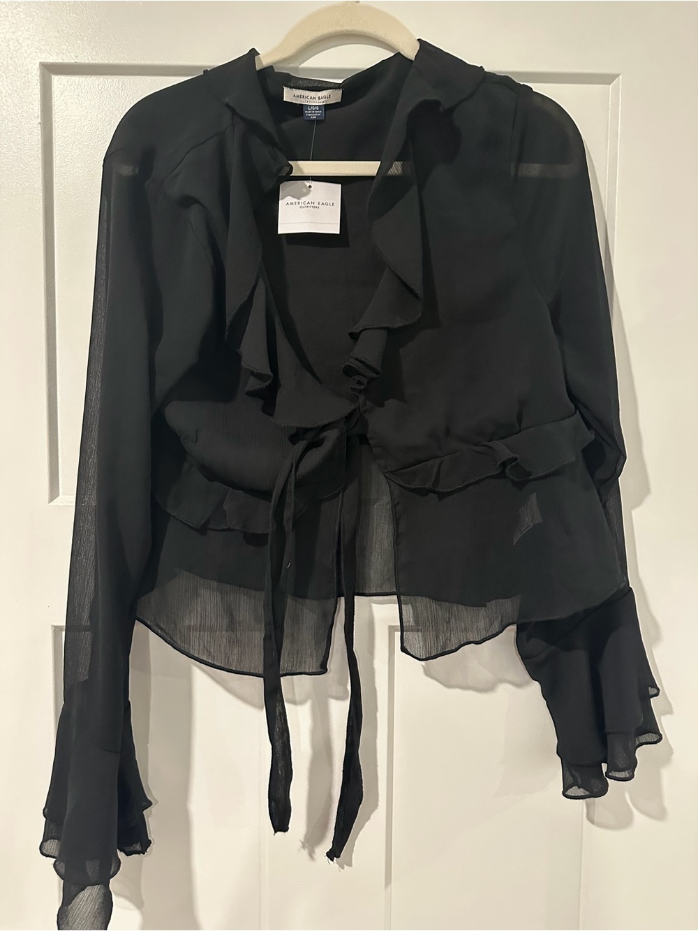 American Eagle Outfitters Black Ruffled Tie-Front Sheer Blouse